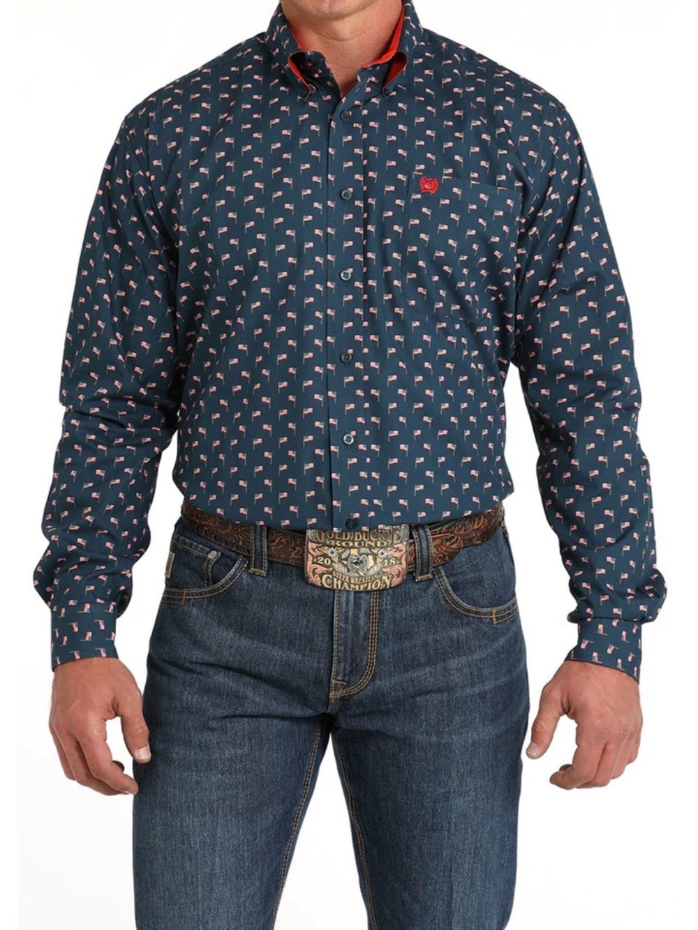 CINCH NAVY FLAG BUTTON DOWN LONG SLEEVE SHIRT AMERICAN FLAG USA JULY 4th MEDIUM